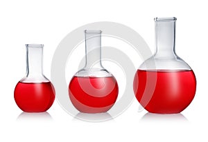 Florence flasks with red liquid. Laboratory glassware