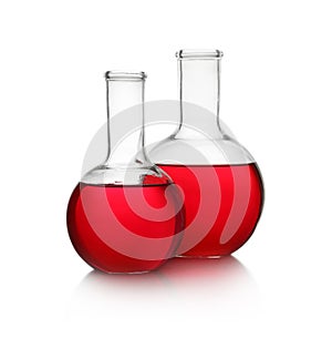 Florence flasks with red liquid. Laboratory glassware