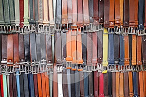 Florence, Italy - 22 Nov, 2022: Belts and leathers goods for sale near Florence Central market