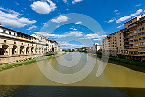 Florence, Italy on the Arno River. View of Ponte Vecchio bridge.