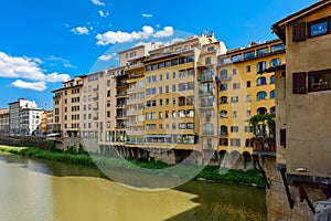 Florence, Italy on the Arno River. View of Ponte Vecchio bridge.