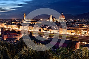 Florence, Italy. Cathedral, skyline at blue hour , night city scape