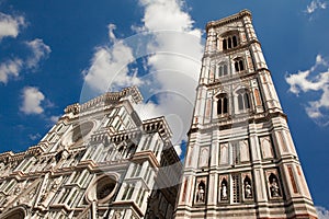 Florence, Italy, the fasade of Florence Cathedral and Giotto tower with great marble dÃ©cor