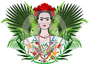 Frida Kahlo portrait, Mexican woman with a traditional hairstyle, floral and palms exotic background