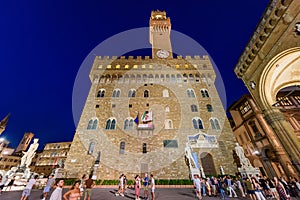 Florence, Italy from Piazza della Signoria with Palazzo Vechio at night.