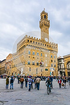 FLORENCE, ITALY, MARCH 15, 2016: Panoramic view of famous Piazza della Signoria with Palazzo Vecchio in Florence