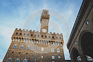 The Palazzo Vecchio, the town hall of Florence, located on the Piazza della Signoria Signoria square in Florence, Italy