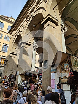 Florence, Italy - October 04, 2023: Colorful leather purses, handbags, wallets and handbags are displayed by street