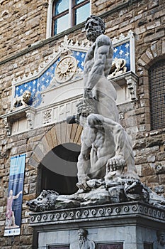 Statues of Hercules and Cacus situated at Palazzo Vecchio, town hall of Florence on Piazza della Signoria in Florence, Italy