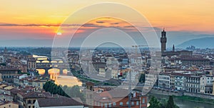 Florence Italy, panorama sunset city skyline at Ponte Vecchio Bridge and Arno River