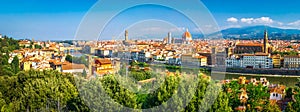 Florence, Italy. Panoramic landscape of Firenze on sunny day. Scenic view on Florence city from Piazzale Michelangelo