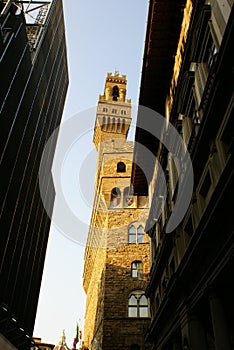 Florence, Italy: Partial view of Palazzo Vecchio in the sunlight