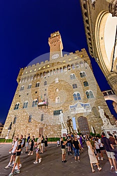 Florence, Italy from Piazza della Signoria with Palazzo Vechio at night.