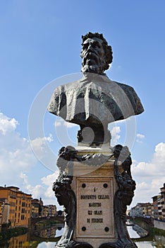 Florence, Italy. September 16, 2023.The bust Monument to Benvenuto Cellini on the Ponte Vecchio in Florence.