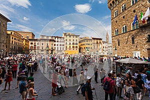 Florence, ITALY- September 10, 2016: View on Square of Signoria and Tower of Arnolfo in Florence Piazza della Signoria