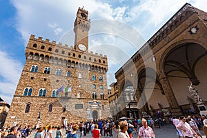 Florence, ITALY- September 10, 2016: View on Square of Signoria and Tower of Arnolfo in Florence Piazza della Signoria