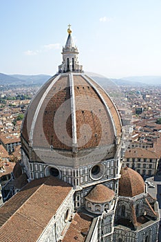 Florence, Italy: view of the cathedral`s dome from the top of Giotto`s campanile bell tower