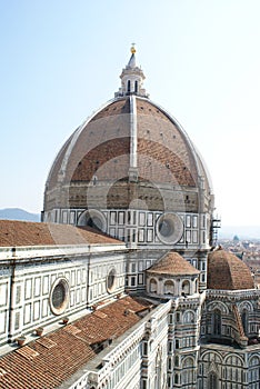 Florence, Italy: view of the cathedral`s dome from the top of Giotto`s campanile bell tower