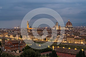 Florence old city skyline at night with Cathedral of Santa Maria del Fiore in Florence, Italy