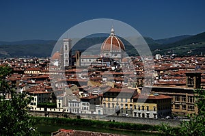 Florence panorama view with Duomo Santa Maria del Fiore and Palazzo Vecchio riverside, Florence, Italy