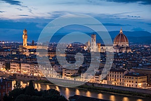 Florence panoramic view from above during blue hour with historical buildings Duomo churches and Ponte Vecchio