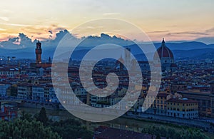 Florence Piazzale Michelangelo sunset, Tuscany region, Duomo, Ponte Vecchio River Arno Renaissance, Italy.