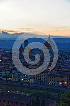 Florence Piazzale Michelangelo sunset, Tuscany region, Duomo, Ponte Vecchio River Arno Renaissance, Italy.