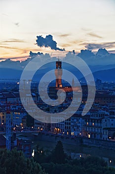 Florence Piazzale Michelangelo sunset, Tuscany region, Duomo, Ponte Vecchio River Arno Renaissance, Italy.