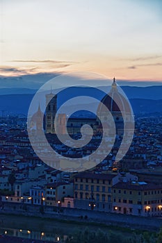 Florence Piazzale Michelangelo sunset, Tuscany region, Duomo, Ponte Vecchio River Arno Renaissance, Italy.