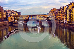 Florence Ponte Vecchio Bridge and City Skyline in Italy