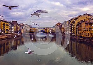 Florence Ponte Vecchio Bridge and City Skyline in Italy