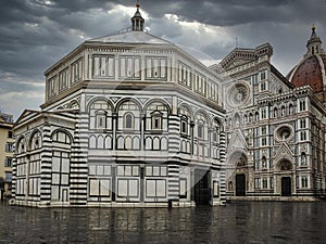 Florence\'s Cathedral and Baptistry on a Rainy Day