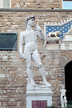 Florence sculpture of David Michelangelo in Piazza Della Signoria Florence, Italy. Firenze landmarks