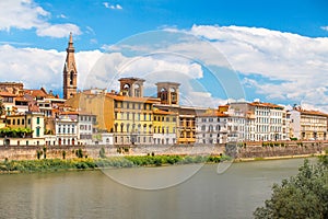 Florence skyline. Arno riversides with historic buildings of Florence