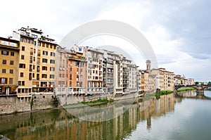 Florence skyline with Ponte Santa Trinita StTrinity bridge over Arno river in Italy