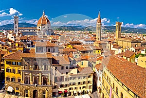 Florence square and cathedral di Santa Maria del Fiore or Duomo view