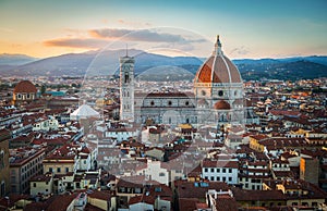 Florence sunset city skyline with Cathedral and bell tower Duomo. Florence, Italy