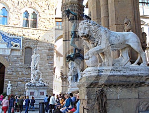 Florence Tuscany Italy. Medici Lion and Perseus statues in Loggia dei Lanzi