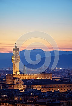 Florence, Tuscany, Italy. Tower of Palazzo Vecchio at sunset