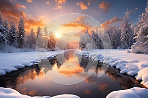 Sunset, in the snow covered trees, with a beautiful river reflecting the sunset photo