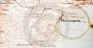 Florianopolis Brasil, on an ancient map of south america. Travel agency advertising background