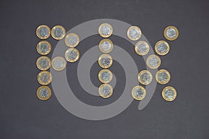 Florianopolis, Brazil. 07/10/2020: Top view of PIX written by coins of 1 Real. PIX is the new Central Bank of Brazil Banco