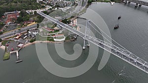 Florianopolis Capital Of Santa Catarina at Brazil. Aerial image taken with a drone of the Hercilio Luz Bridge during sunrise.