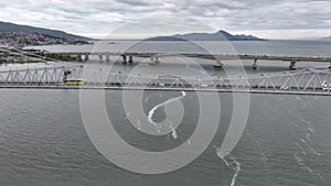 Florianopolis Capital Of Santa Catarina at Brazil. Aerial image taken with a drone of the Hercilio Luz Bridge during sunrise.