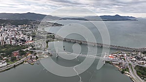 Florianopolis Capital Of Santa Catarina at Brazil. Aerial image taken with a drone of the Hercilio Luz Bridge during sunrise.