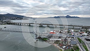 Florianopolis Capital Of Santa Catarina at Brazil. Aerial image taken with a drone of the Hercilio Luz Bridge during sunrise.