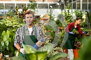 Floriculturist standing among green houseplants with watering can