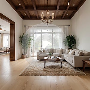 Florida 27 July 2021: Spacious Big Living Room Of Luxurious Estate With Wooden Elements Modern Mansion Interior With With A