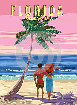 Florida Beach Retro Poster. Coulple in love on vacation resort, palm on the beach, coast, surf, ocean. Vector