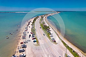 Florida beach. Summer vacations. Panorama of Honeymoon Island State Park. Dunedin FL Causeway. Car parking.